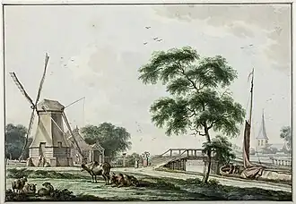 Blick auf Ulrum und Kirchturm von einer südlich gelegenen Stelle an der später der Hunsingokanaal gegraben wurde. Die Schälmühle wurde 1786 abgerissen. (Bulthuis, 1784)