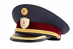 Blaue Tellerkappe mit goldbesticktem Kappenrand eines Rechtskundigen