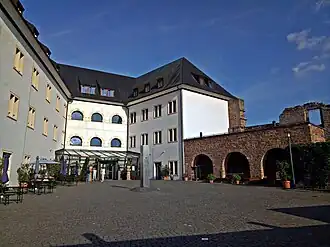 Kernbereich der Burg: heute Jugendherberge, rechts Ruinenrest