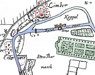 Limmer mit dem Ernst-August-Kanal (Kunst-Canal), der Leine, der Burg Limmer (Walberg) und den Herrenhäuser Gärten, 1740