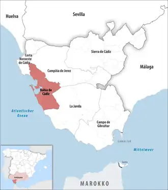 Die Lage der Comarca Bahía de Cádiz in der Provinz Cádiz