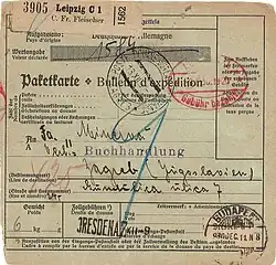 Paketkarte des Kommissionärs des Insel Verlags, Fa. C[arl]. Fr[iedrich]. Fleischer, für eine Lieferung des Insel Verlags an die Minerva-Verlagsbuchhandlung (1928–1943) nach Zagreb von 1930.