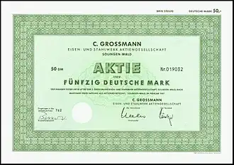 Aktie über 50 DM der C. Grossmann Eisen- und Stahlwerk AG vom Februar 1987