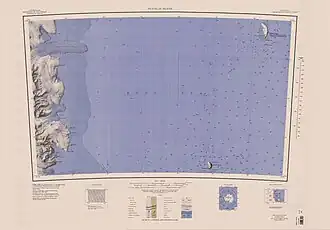 Kartenblatt Franklin Island von 1962, Mündung des Fry-Gletschers südlich der Mitte des westlichen Kartenrandes