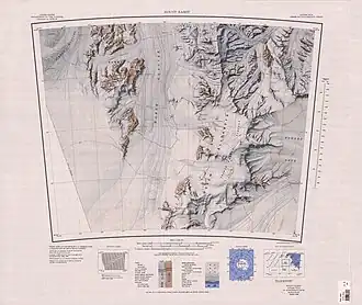 Topografisches Kartenblatt mit der Miller Range (oben links) und den Macdonald Bluffs