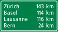 Entfernungstafel auf Autobahn und Autostrasse (national und kantonal)
