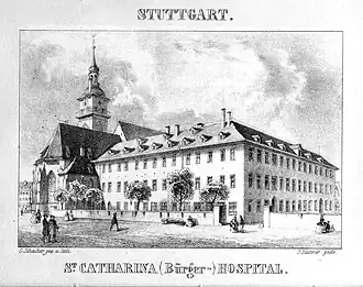 Hospitalkirche und St. Catharina Hospital im ehemaligen Dominikanerkloster, um 1850.