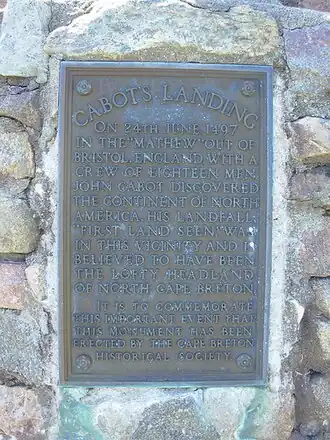 Gedenktafel an der angeblichen Landestelle, heute Cabot’s Landing genannt