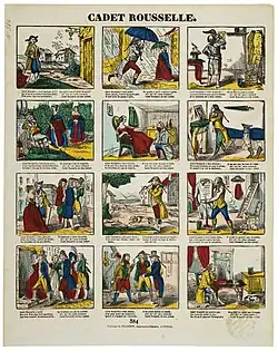 Ein Notenblatt mit vier mal drei Abbildungen, von denen jedes den Inhalt eines Verses von Cadet Rousselle aufgreift