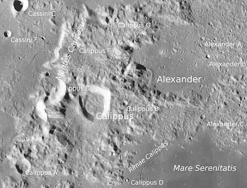 Calippus und Alexander mit Nebenkratern (LROC-WAC)