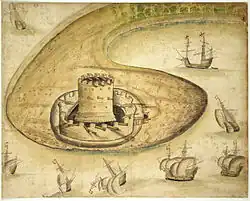 Calshot Castle 2012 (links) und in einem Grundriss von 1539 (rechts); für den Bau der Burg wurden Baumaterialien aus der Auflösung der nahegelegenen Beaulieu Abbey verwendet.