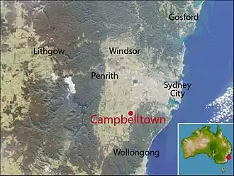 Karte von Australien, Position von Campbelltown hervorgehoben