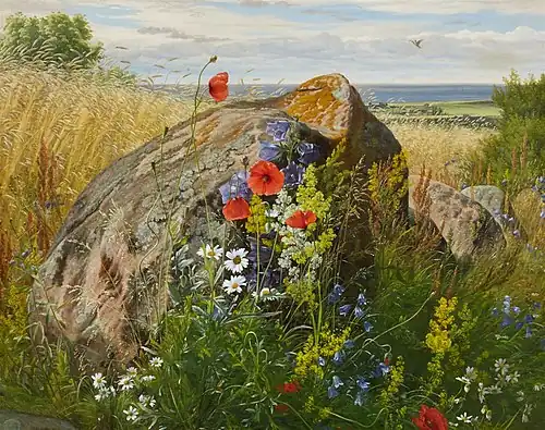 Wildblumen vor einem Getreidefeld (Öl auf Leinwand)