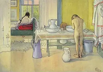 Körperreinigung an einem Waschtisch (Gemälde von Carl Larsson, 1908)