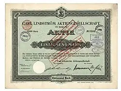 Gründeraktie über 1000 Mark der Carl Lindström AG vom April 1908