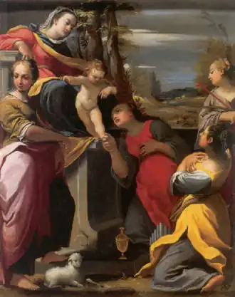 Thronende Madonna mit Kind und den Heiligen Agnes, Maria Magdalena, Cäcilia und Margareta