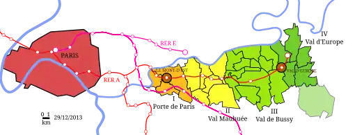 Diese Karte zeigt die Strecken der Vorortzüge, die von Paris nach Marne-la-Vallée führen
