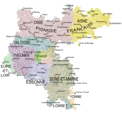 Links die Île-de-France am Vorabend der Revolution mit ihren alten Bezirken. Rechts die heutige Gebietseinteilung der entsprechenden Gebiete in Départements.