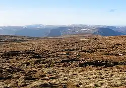 Blick von der Hochfläche östlich Glen Clova nach Westen, am Horizont Tom Buidhe (links) und Tolmount (rechts)