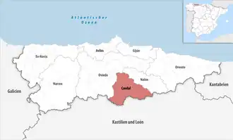 Die Lage der Comarca Caudal in der autonomen Gemeinschaft Asturien