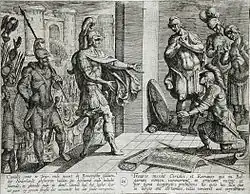 Cerialis begnadigt die römischen Soldaten, die sich mit den Batavern verbündet hatten, Radierung von Antonio Tempesta, 1612, Tafel 26 aus Der Krieg der Römer gegen die Bataver