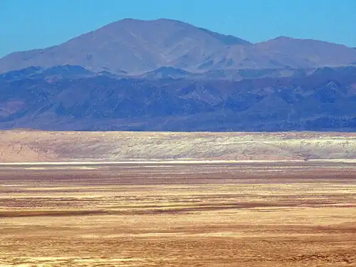 Die Cordillera Domeyko von den Hängen der Anden-Westkordillere aus gesehen. Auf 2.900&nbsp;m&nbsp;ü.&nbsp;M. Höhe in 50 bis 70&nbsp;km Entfernung in Richtung Westen betrachtet, erhebt sich hinter der Salar-de-Atacama-Senke (2.300 m ü.&nbsp;M.) und der Cordillera de la Sal der dunkle Steifen des El Bordo-Kliffs auf um die 3.000&nbsp;m&nbsp;ü.&nbsp;M., vor dem höchsten Berg dem Cerro Quimal.