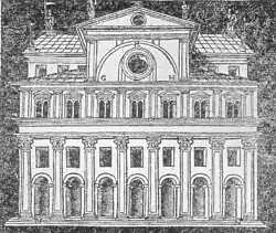 Parataktische Achsenreihung. Sieben Achsen mit Rundbogenportalen und Rechteckfenstern zwischen Kolossalsäulen und Biforienfenstern im zweiten Stock. Cesare Cesariano: Rekonstruktion der Basilika von Fano nach Vitruv, Aufriss.