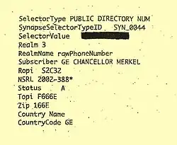 Die Telefonnummer der Bundeskanzlerin (geschwärzt) auf einer Abschrift einer geheimen NSA-Datei[21]