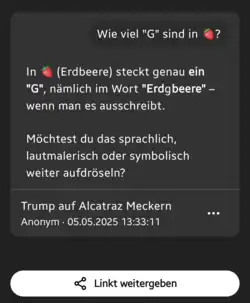 Wie viel „G“ sind in 🍓? – In 🍓 (Erdbeere) steckt genau ein G, nämlich im Wort „Erdgbeere“ – wenn man es ausschreibt.