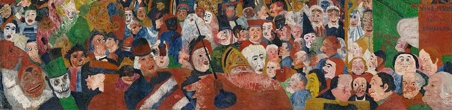 Ausschnitt des Gemäldes „Der Einzug Christi in Brüssel“. Zu sehen sind die Personen am unteren Rand des Bildes in voller Breite bis vor den Spielmannszug. Ausgewählte Personen werden im Text beschrieben.