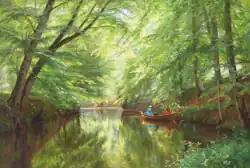Bootsfahrt auf einem Fluss im Buchenwald (1891)
