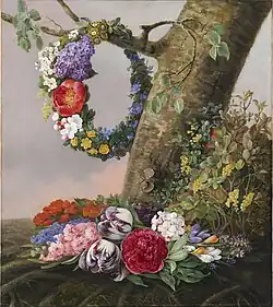 Ein Blumenstrauß am Fuße eines Baumes. Dazu eine Blumengirlande am Zweig, 1832