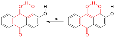 Tautomere Formen der chromophoren Gruppe (rot) des Alizarins