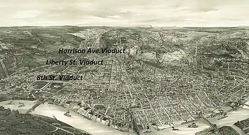 Erste Viadukte über das Tal des Mill Creek (links, Liberty St. 1891, 8th Street 1893, Harrison Ave. 1908)