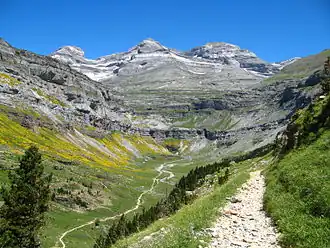 Cirque de Soaso mit Monte Perdido (mittig). Links Cilindro de Marboré, rechts Soum de Ramond