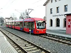 Variobahn im Bahnhof Stollberg, Endstation der Pilotstrecke, 2017