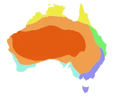 Grobe Darstellung der verschiedenen klimatischen Regionen ﻿Immerfeucht ﻿Gemäßigter Winterregen ﻿Heiß und subtropisch ﻿Heiß und tropisch ﻿Übergangszone ﻿Sommer heiß, Winter kühl