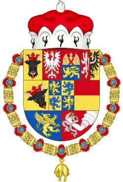Großes Wappen Wallensteins, Herzogs von Friedland, Mecklenburg, Sagan und Glogau usw., in der Form ab 1632, mit Herzogshut und Collane des Ordens vom Goldenen Vlies