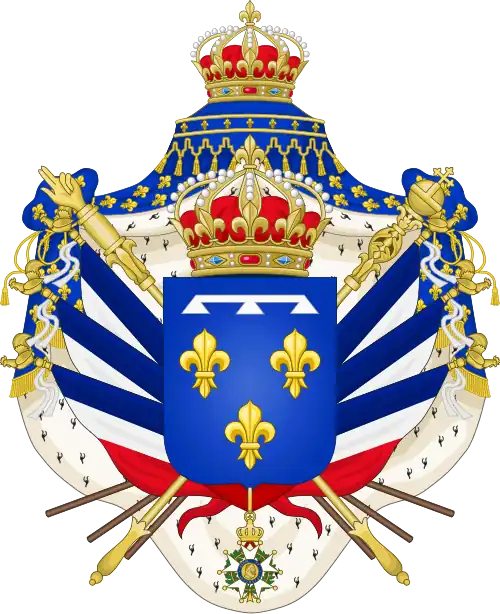 Wappen Louis-Philippes von 1831 bis 1848 (mit den bourbonischen Lilien unter dem Turnierkragen des Hauses Orleans, der Trikolore der Revolution und dem Orden der napoleonischen Ehrenlegion)