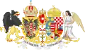 Großes Wappen Österreich-Ungarns nach 1914 mit der Collane des Ordens vom Goldenen Vlies um das Hauswappen von Habsburg-Lothringen und den Ordensbändern des Militär-Maria-Theresien-Ordens, des k.u. Sankt Stephans-Ordens und des Leopold-Ordens