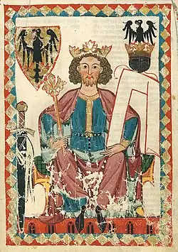 Codex Manesse, Zürich zw. 1305 und 1340, fol. 6r: Heinrich&nbsp;VI., mit seinem Schild und seinem Helm mit Helmzier, Schwert und Szepter