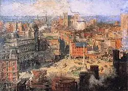 Das damalige Majestic Theatre ist das große graue Gebäude auf der linken Seite. „Columbus Circle“ (1909), von Colin Campbell Cooper.