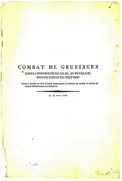 „Combat de Gruningen“, Titelblatt eines vierseitigen Drucks, 1762, 24,5&nbsp;×&nbsp;36,5&nbsp;cm