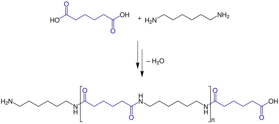 Polykondensationsreaktion von Adipinsäure mit HMDA (Hexamethylendiamin) zu Nylon 6,6