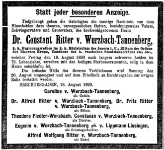 Todesanzeige für Constant v.&nbsp;Wurzbach-Tannenberg