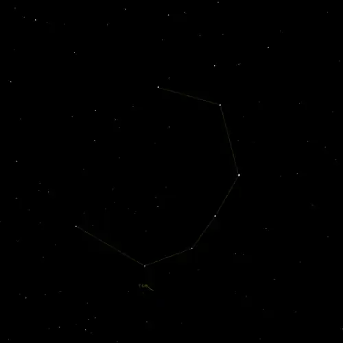 Aufnahme des Sternbilds Corona Borealis mit Sternbildlinien und der Lage des Sterns T Coronae Borealis.