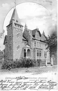 Postkarte des Braunschweigerhauses von 1900 mit persönlichen Grüßen des Architekten