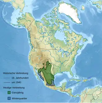 Topografische Karte Nordamerikas mit eingezeichnetem Artareal