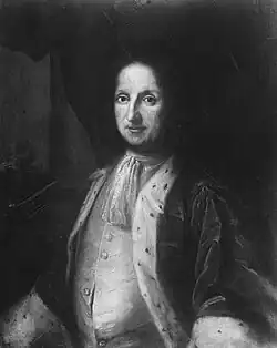 Der spätere General Carl Gustav Fröhlich begann 1665 seine militärische Karriere beim schwedischen Heer, hier im Portrait, sehr dunkel wirkende Reproduktion eines Ölgemäldes im pelzbesetzten Mantel