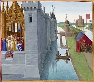 Krönung Ludwigs VI. in Orléans, vor der Stadt sein Gegner Heinrich Beauclerc, der die rebellierenden Barone empfängt (Bild von Jean Fouquet)